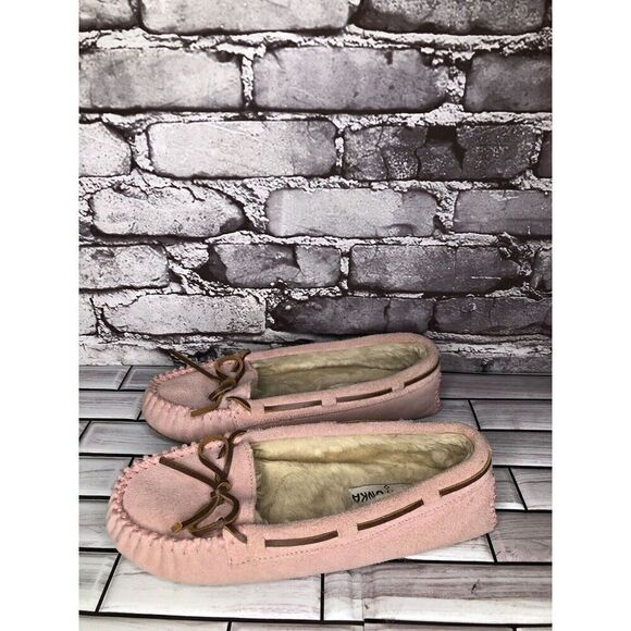 MINNETONKA Pink Rawhide Lace Cally Slip On Leather Moccasins Women Sz 8M US/39EU - Picture 9 of 16